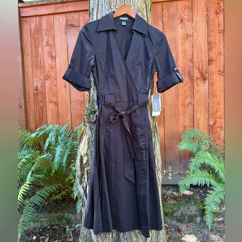Kenneth Cole Reaction Black Faux Wrap Belted Cotton  Dress NWT